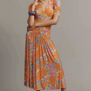 New! Farm Rio x Anthropologie Short-Sleeve V- Neck Ruched Midi Dress L Orange